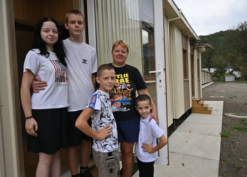 Olga and her four children found a new home in the modular town built by Caritas Czech Republic in Neresnytsia, Ukraine