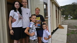 Olga and her four children found a new home in the modular town built by Caritas Czech Republic in Neresnytsia, Ukraine