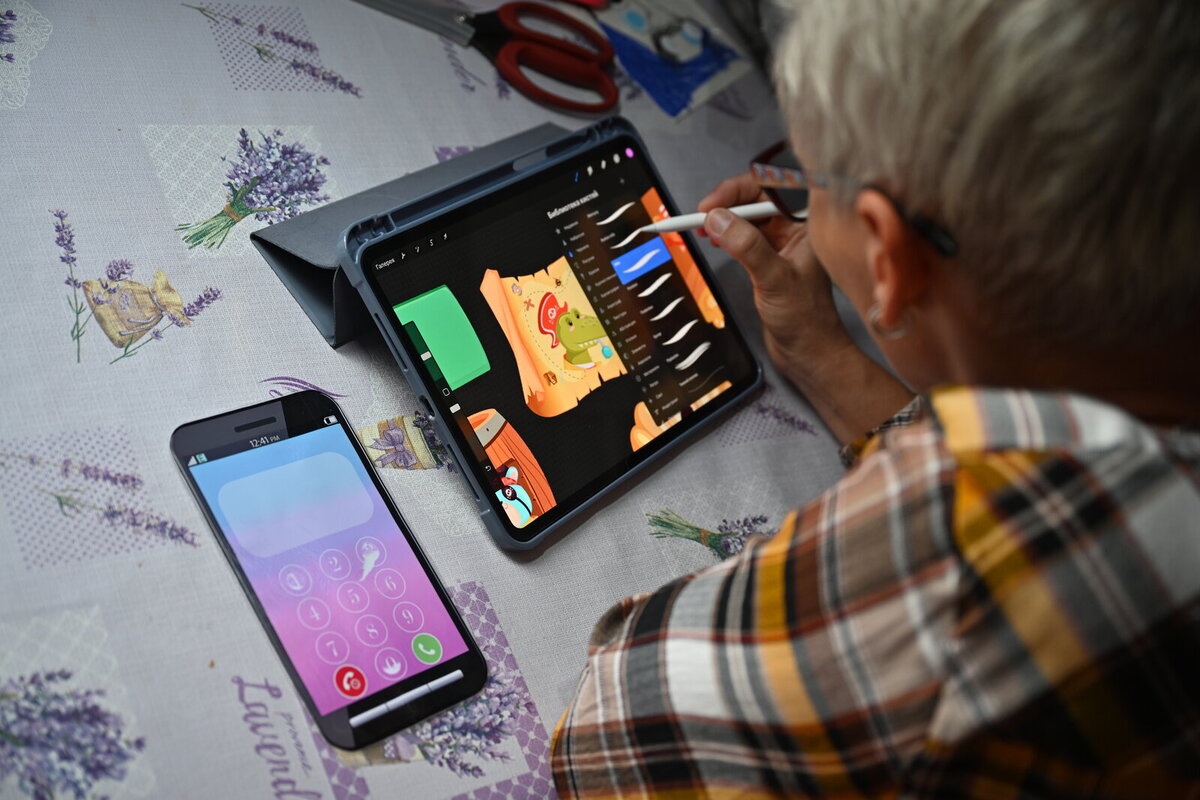 Thanks to the grant from Caritas Czech Republic Olesia can create designs and characters for children's playbooks Thanks to the grant from Caritas Czech Republic Olesia can create designs and characters for children's playbooks